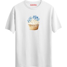Eastek Mavi Çiçekli Cupcake Baskılı T-Shirt, Erkek Tişört, Kadın Tişört, Unisex T-Shirt
