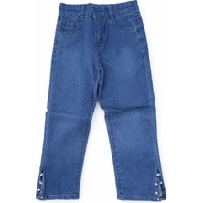 Egecan Paçası Yırtmaçlı, Taşlı Kız Çocuk Koyu Mavi Kot Pantolon 2170