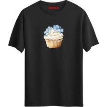 Eastek Mavi Çiçekli Cupcake Baskılı T-Shirt, Erkek Tişört, Kadın Tişört, Unisex T-Shirt