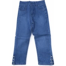 Egecan Paçası Yırtmaçlı, Taşlı Kız Çocuk Koyu Mavi Kot Pantolon 2170