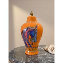 Porselen Turuncu At Figürlü Kapaklı Vazo 50*25 cm