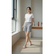 Alfanora Kadın Pötikareli Şort – Beli Lastikli Bağcıklı, Cepli, Rahat Kesim Günlük Yazlık Şort - Füme