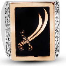 Kuyumcudukkanı Siyah Mineli"hz Ali Kılıcı Zülfikar"usta Işi Elyapımı Erkek YÜZÜK-60017-W-BLK