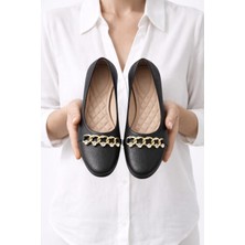 Slipcat Kadın Gold Zincir Taş Detaylı Düz Babet – Günlük & Ofis Şık Rahat Ayakkabı