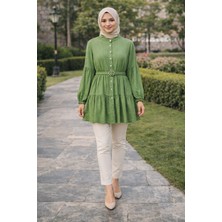 Moda Çilek Kumaş Tesettür Tunik Kemerli Düğmeli Yeşil Lacivert Rahat Günlük Mode