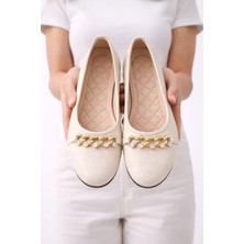 Slipcat Kadın Gold Zincir Taş Detaylı Düz Babet – Günlük & Ofis Şık Rahat Ayakkabı