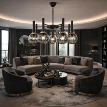 Kafkas 7 Kollu Modern Siyah – Gold Cam Küreli Lüks Salon Avizesi