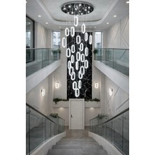 Kafkas Elips Gümüş 25’li Modern LED Sarkıt Avize – 80 cm Tepsili Galeri Boşluğu Avizesi