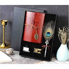 Menuzer Retro Vintage Tavuskuşu Tüylü Divit Kalem ve Eskiz-Anı Defter Seti