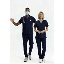Uçak İş Giyim Koyu Lacivert B-Flex Likralı Scrubs Takım Alt Üst Doktor Hemşire Forması (Takma Kol)
