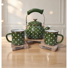 Alev Emaye Lüks Nostaljik Yeşil Puantiyeli Emaye Çay Seti |  2 Lt Demlik + 2 Altın Kenar Fincan + 3 Ahşap Altlık