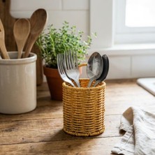 Emt Pazarlama® Yuvarlak Hasır Dokulu Plastik Rattan Kaşıklık & Çatallık - Askılı Kendiliğinden Tutmalı Çok Amaçlı Mutfak Organizeri