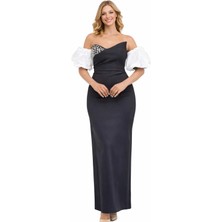 Tek Omuzlu Taş Detaylı Uzun Abiye Elbise Balon Kol Detaylı Şık Gece Elbisesi