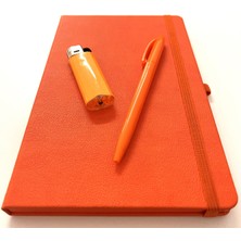 Promopanya Kişiye Özel isim Yazılabilir  Turuncu Defter Kalem Çakmak Set Turuncu Renk isme özel-kişiselleştirilebilir.