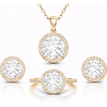 Inure Jewelry Gümüş Gold Yuvarlak Montür Tek Taş Kadın Set