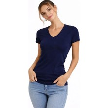 Pazarcan T-Shirt V Yaka Slim Likralı Tişört Günlük Body - Lacivert