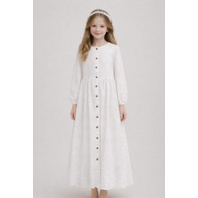 Tarz Çocuk Kız Çocuk Beyaz Brode Uzun Elbise 7-14 Yaş – Önü Düğmeli Tesettür Uygun Elbise