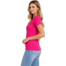 Pazarcan T-Shirt V Yaka Slim Likralı Tişört Günlük Body - Pembe