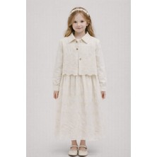Tarz Çocuk Kız Çocuk Ekru Ceketli Uzun Elbise 7-14 Yaş – Tesettüre Uygun Brode Detaylı 2’li Takım