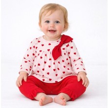 Yenidoğan Kız Bebek 2'li Takım %100 Pamuk Kalp Desenli Fiyonklu Alt Üst Bebek Takımı