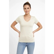 Pazarcan T-Shirt V Yaka Slim Likralı Tişört Günlük Body - Taş
