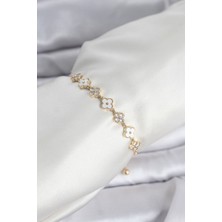 Inure Jewelry Gold Renk Zirkon Taşlı Sıralı Yonca Model Asansörlü Kadın Bileklik