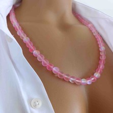 Mga Doğaltaş Termal Kuvars Taşı 8 mm Doğal Taş Kolye – %100 Gerçek Hakiki – Açık Pembe Kuvars – Çelik Zincirli – 45-55 cm – Sertifikalı – Mdf Hediye Kutulu