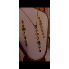 Mimoza Accessories Mor Zirkon Taş Altın Kaplama Kolye ve Küpe Seti