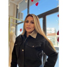 Asl Woman Kadın Siyah Kot Ceket Bej Kadife Yaka Detaylı Çıtçıtlı Kısa Denim Ceket