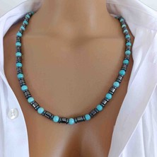 Mga Doğaltaş Turkuaz (Firuze) & Hematit Taşı 6 mm Doğal Taş Kolye – %100 Gerçek Hakiki – Koruyucu Enerji Taşı – Çelik Zincirli – 45-55 cm – Sertifikalı – Mdf Hediye Kutulu