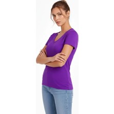 Pazarcan T-Shirt V Yaka Slim Likralı Tişört Günlük Body - Mor