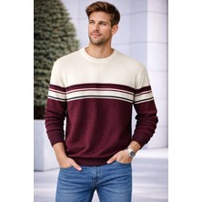 İnce Moda Giyim Çizgi Detaylı Bisiklet Yaka Erkek Triko Kazak – Bordo & Gri