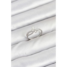 Solenya Pirinç Gümüş Renk Kelebek Zirkon Taşlı Kadın Yüzük