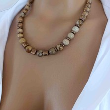 Mga Doğaltaş Odun Jasper Taşı Doğal Taş Kolye – 6 mm 8 mm 10 mm 12 mm – Hematit Süslemeli – %100 Gerçek Hakiki – Sertifikalı – Çelik Zincirli – 45-55 cm