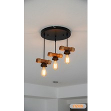 Eyzhen Rustik Ahşap 3 Lü Avize Halat Detaylı Siyah Metal Gövdeli Dekoratif Salon Mutfak Avizesi