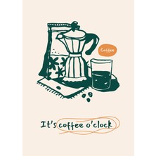 Miyrem-It's Coffee O'clock Modern Mutfak Posteri - Retro Kahve Köşesi Illüstrasyon Tablo - Kahve Makinesi Temalı Duvar Dekoru