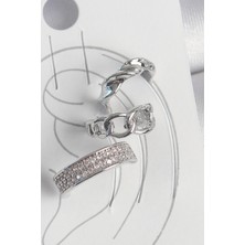 Solenya Pirinç Gümüş Renk Zirkon Taşlı 3'lü Zincir Sarmal Model Kadın Kıkırdak Küpe