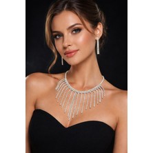 Klc Takı Kadın Gümüş Renk Model Su Yolu Zirkon Taşlı Kolye Küpe Seti