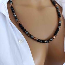 Mga Doğaltaş Kaplan Gözü Kolye 8 mm – Hematit Süslemeli – Erkek Doğal Taş Kolye – Hakiki – A Plus Kalite