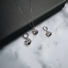 Zeravie Butik 316L Çelik Gümüş Renk Hilal Ay Figürlü Pembe Siyah Mine Detaylı Kolye Küpe Takı Seti