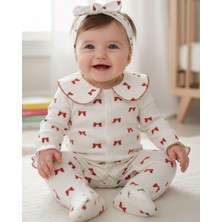 Ege Bebek Kız Bebek Fiyonk Baskılı Yaka Detaylı Bandanalı 3-6-9-12 Aylık Patikli %100 Pamuklu Tulum