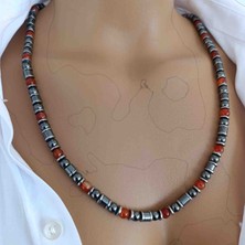 Mga Doğaltaş Kırmızı Akik Taşı 6 mm & Hematit Doğal Taş Kolye – %100 Gerçek Hakiki – Sertifikalı – Çelik Zincirli – 45-55 cm Ayarlanabilir