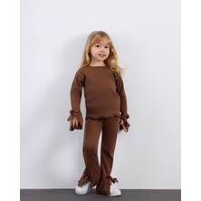 ButumiKids Kız Çocuk Yeni Sezon Fiyonk Detaylı Pamuk Kaşkorse Kumaş Alt Üst Takım Kahverengi - Bordo