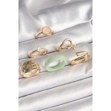 Solenya Pirinç Gold Renk Zirkon Taşlı Daire Pembe Mineli Detay 6'lı Kadın Yüzük Seti