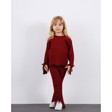 ButumiKids Kız Çocuk Yeni Sezon Fiyonk Detaylı Pamuk Kaşkorse Kumaş Alt Üst Takım Kahverengi - Bordo