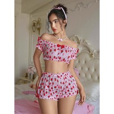 Azrlya Kadın Pembe Çilek Desenli Fantezi Şort Takım 2156