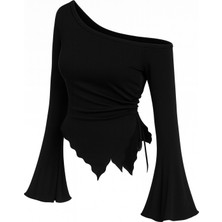 Azrlya Kadın Siyah Uzun Ispanyol Kollu Asimetirik Yaka Yandan Bağlamalı Drapeli Bluz