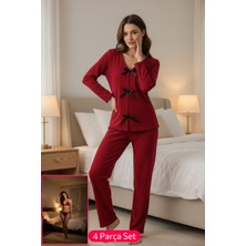 Azrlya Kadın Bordo Fiyonklu Iç Çamaşırı ve Uzun Kollu V Yaka Pijama Takımı 4'lü Set