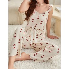 Azrlya Kadın Ekru Kırmızı Kalp Desenli Yumuşak Pamuklu Uzun Pijama Takımı 5136