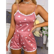 Azrlya Kadın Pudra Kalp Desenli Seksi Gecelik Takım 5019